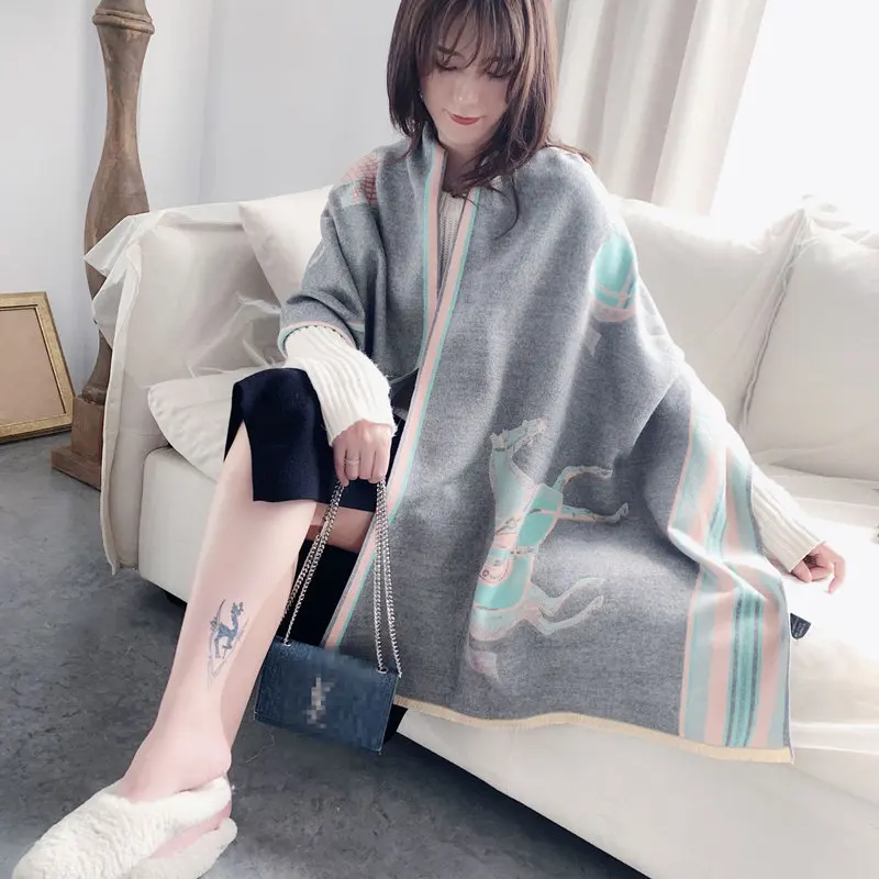 KOI LEAPING European and American style ladies fashion popular horse pattern printing cashmere shawl warm scarf best gift