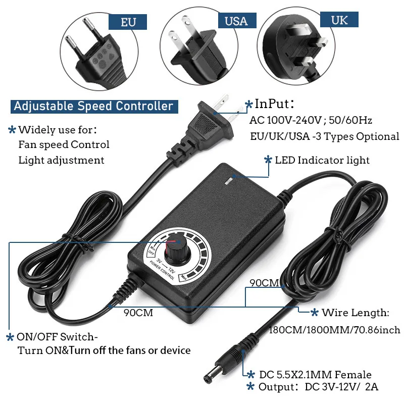 Ventilador Turbo de 97MM, conector hembra de 12V CC, ventilador de refrigeración centrífugo de 97x94x33mm con adaptador de corriente AC 100V 220V, velocidad ajustable