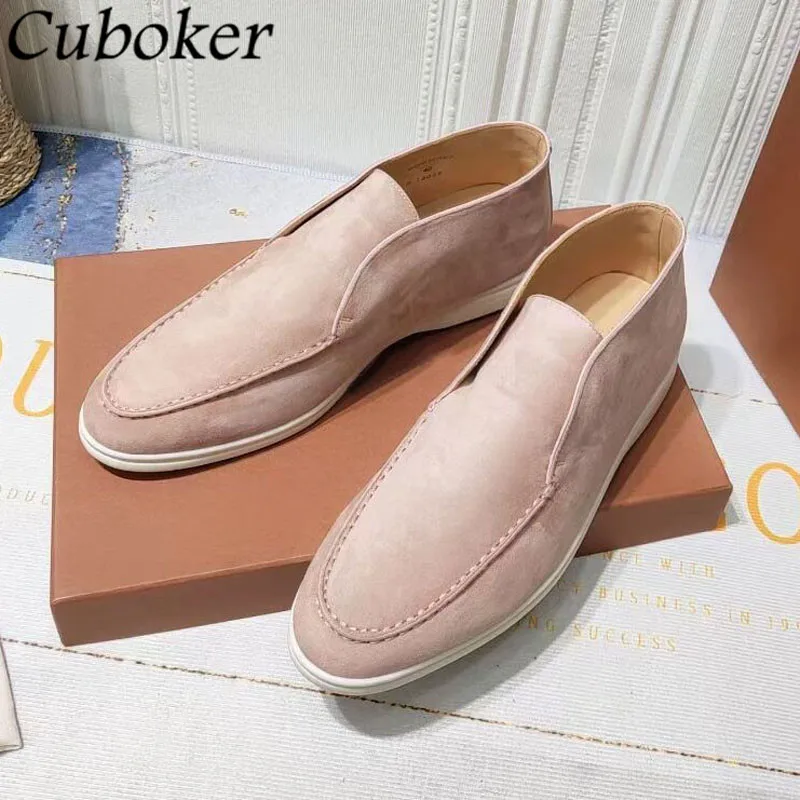 

High Quality High Top Kidsuede Flat Shoes For Women Round Toe Slip On Loafers Female Brand Designer Causal Walking Shoes Mujer