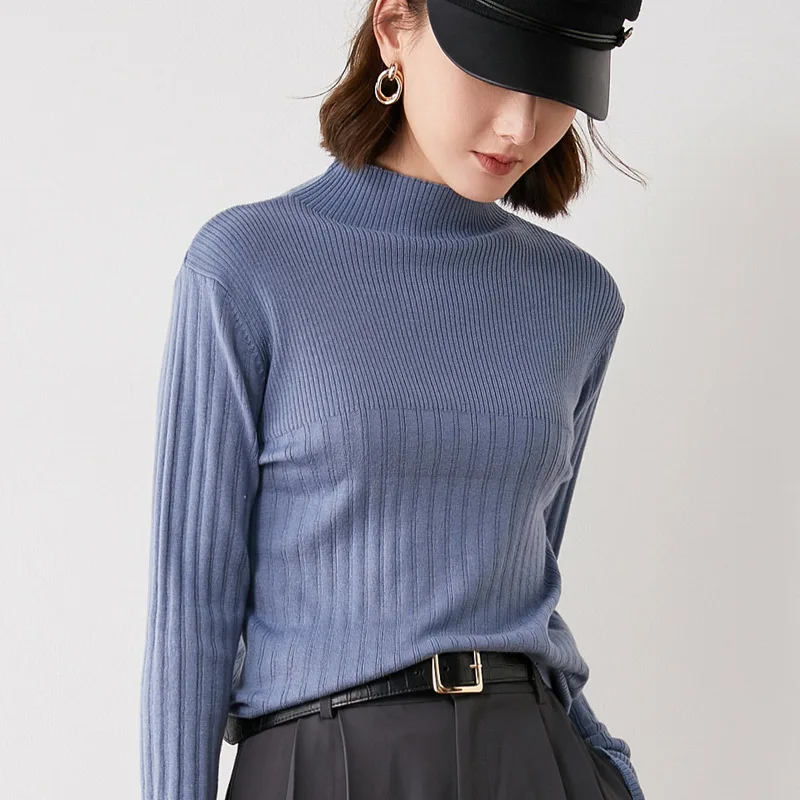 

Modal Wool Blend Autumn Winter 2021 Woman Sweaters Slim Half High Collar Pit Stripe Solid Bottom Knitted Jersey