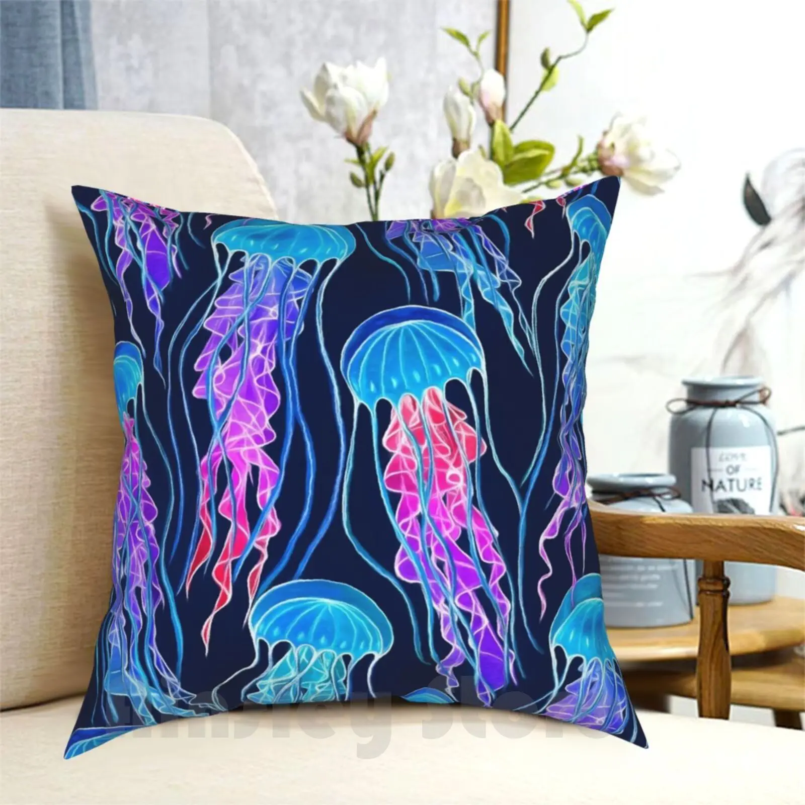 Luminescent Rainbow Jellyfish On Navy Blue Pillow Case Printed Home Soft DIY Pillow cover Jellyfish Ocean Creature