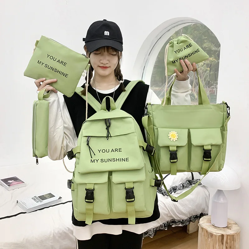 

4 Pcs Set Harajuku Women Laptop Backpack Canvas School Bags For Teenage Girls Kawaii College Student Kids Book Bag Rucksack 2022