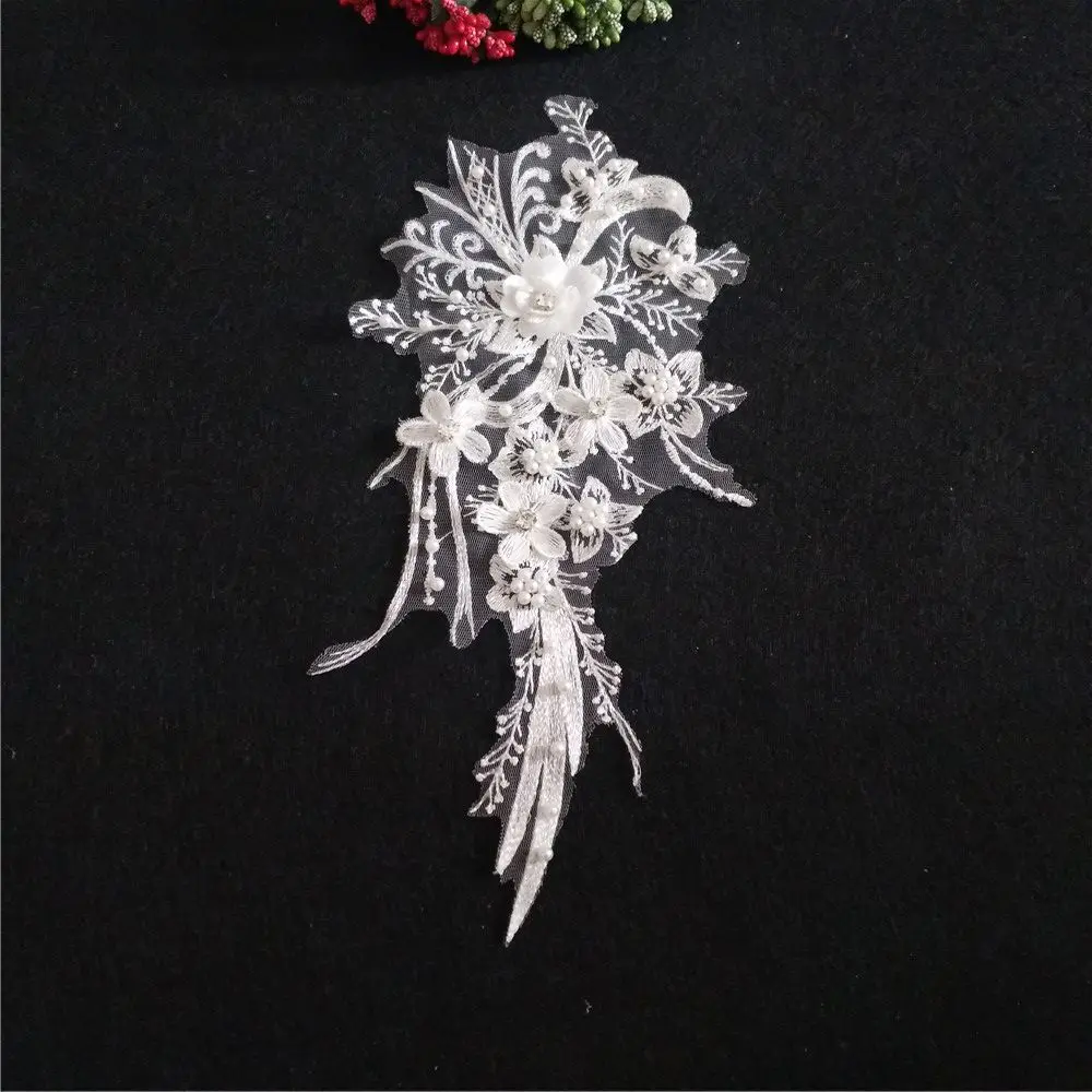 White 3D three-dimensional decorative rhinestone embroidery lace sewing applique DIY craft supplies accessories 1 piece for sale