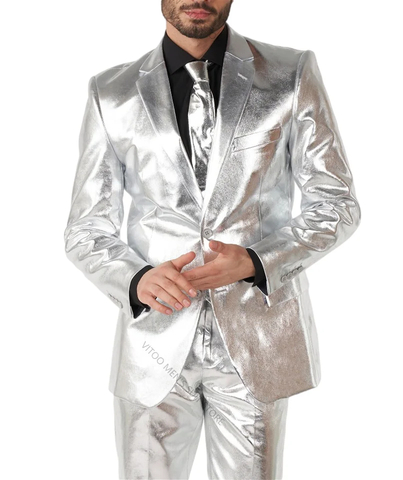 Slim Fit Men Suit Shiny Silver Unique Design For Singer Prom Holiday Party Cosplay Male Clothing/Suit Supply Tailor-Made New Set