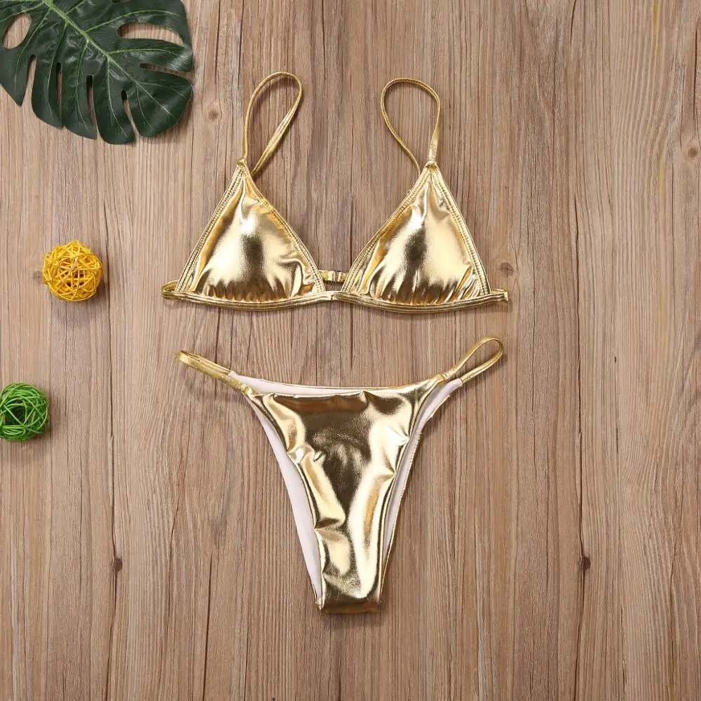 Gold Silver Sequinis Women Sexy Thong Bikini Biquini Set Summer Swimwear Push Up Padded Bra Bathing Suit Beach Wear