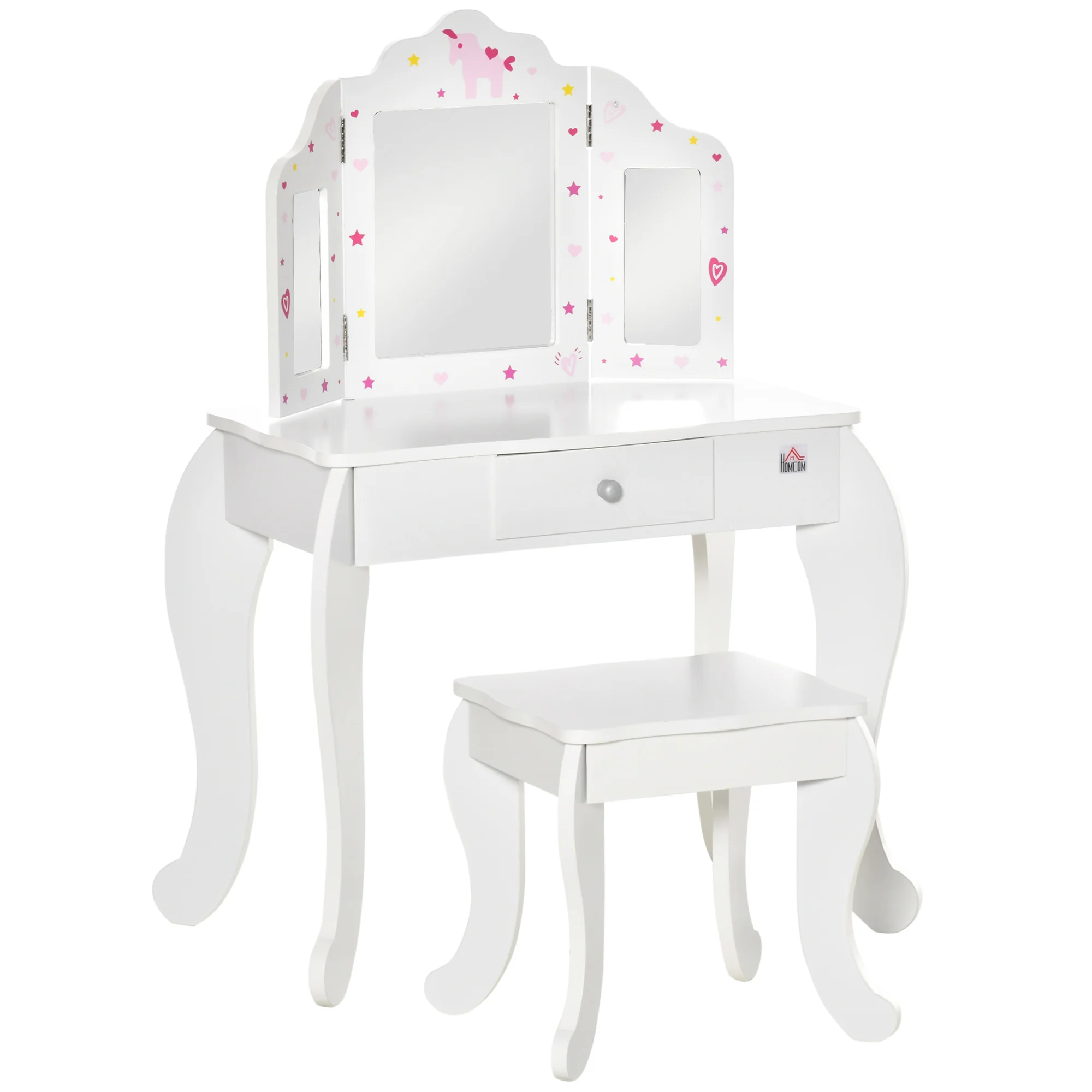 HOMCOM Tocador Infantil de Madera con Taburete y Espejo Acrílico de 3 Sectores Mesa de Maquillaje para Niñas con Cajón para Habitación del Niño 63x40x85,5 cm Rosa