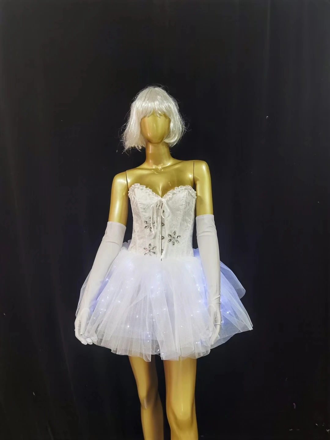 Mini Robe Blanche en Gaze LED pour Chanteuse et Danseuse, Costume de Scène, Tenue de Rave, Vêtements de Performance d'Équipe de brev, GKnitting