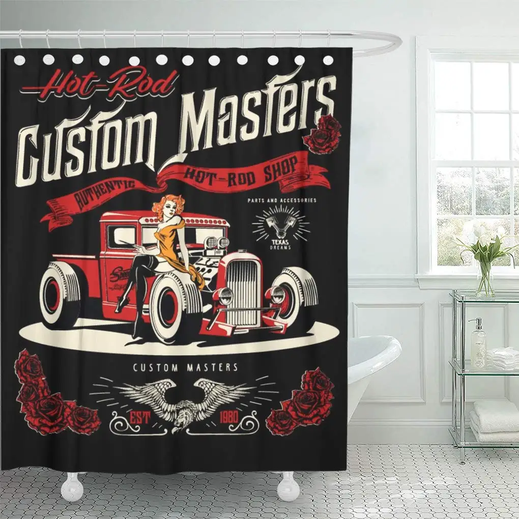 Red Vintage Hot Rod Cars and Pin Up Girls Shower Curtains Sets