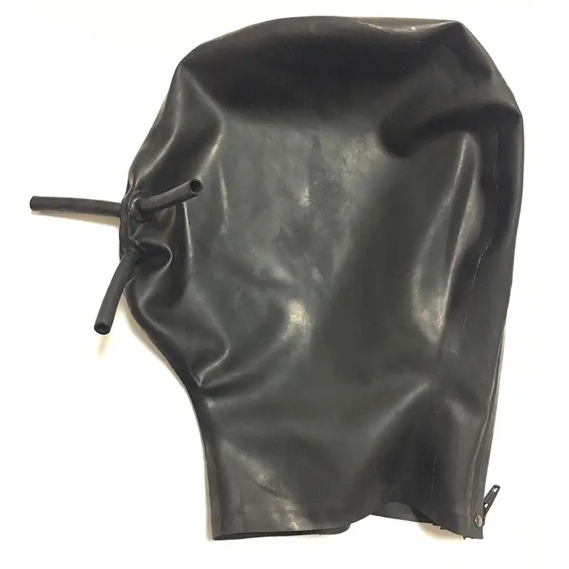 Full Cover Latex Hood with Fixed Hollow Mouth and Nose Tube Rubber Mask ClubWear bdsm collar  sex toys for couples bdsm mask