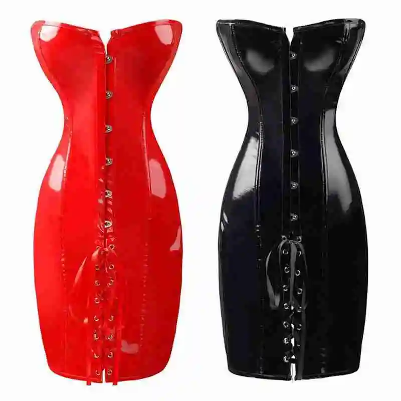 Gothic Nữ Gợi Cảm Wetlook Pvc Giả Da Áo Nịt Thon Dài Màu Đỏ Áo Ngực Đen Catsuits Overbust Dạng Đầm Cao Su Z0Z1