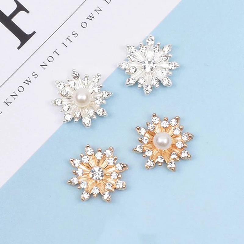 10pcs Snowflake Cabochon Pearl Metal Base Strass Glitter Rhinestone Buttons For Clothing Accessories DIY Crafts 16*16MM