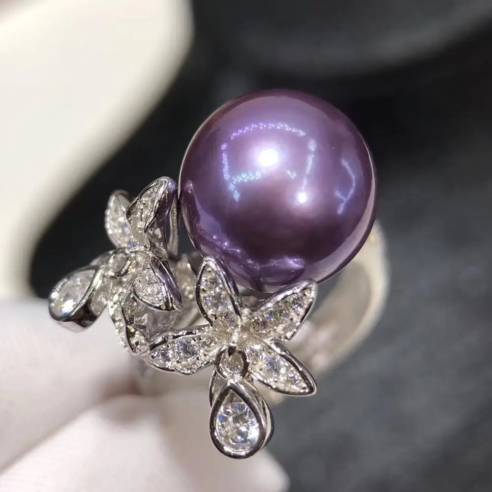 

D801 Pearl Ring Fine Jewelry 925 Sterling Silver Round 11-12mm Nature Fresh Water Purple Pearls Rings for Women Presents