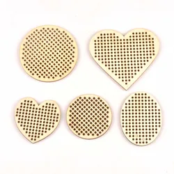 10Pcs Heart Round Cross Stitch Hole Carving Wooden Scrapbooking Craft for Embellishments Handmade Diy Handicraft Decor mt2564