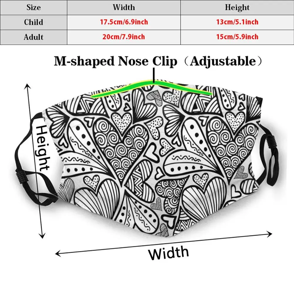 Zentangle-mascarilla facial con filtro lavable, máscara con estampado de corazón artístico, antipolvo, arte meditativo inspirado en Zentangle