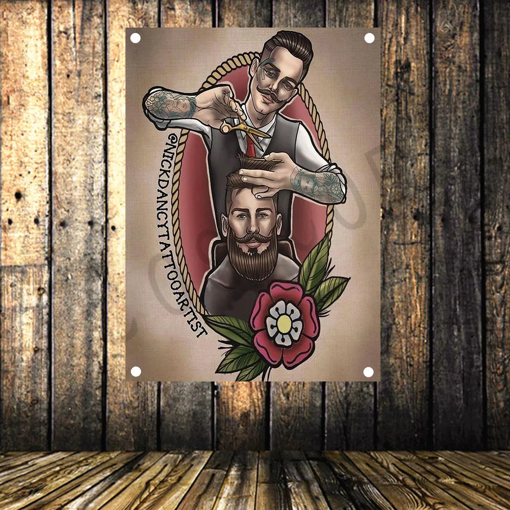 Barber Shop Sign Poster Four Hole Wall Hanging Retro Hair Salon Tattoo Banner Flag Tapestry Wall Stickers Background Decoration