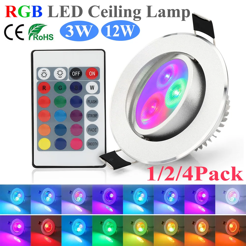 3W 12W RGB Dimmable LED Ceiling Light AC85-265V Smart Remote Control Fixture LED Downlight Indoor Party Decor Colorful Spot Lamp