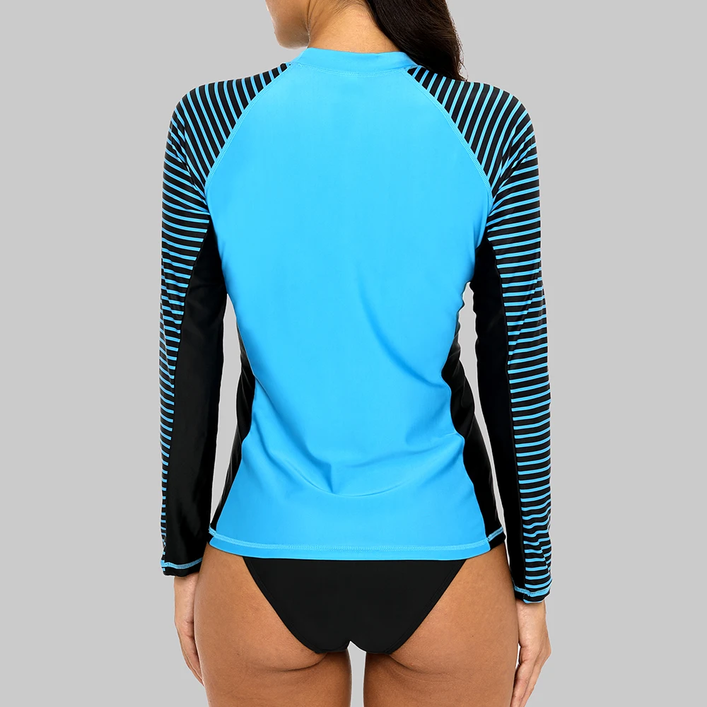 Anfilia Women Long Sleeved Rashguard Swimwear Striped Rash Guards Patchwork Surfing Swimsuits For Women Running Top UPF50+