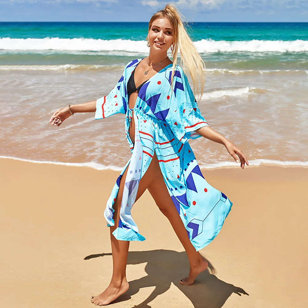 2023 New Women Beach Cover Up Pareo Swimsuit Cover-ups Boho Beachwear  Bathing Suit Tunic Saida De Praia Cardigan Dress