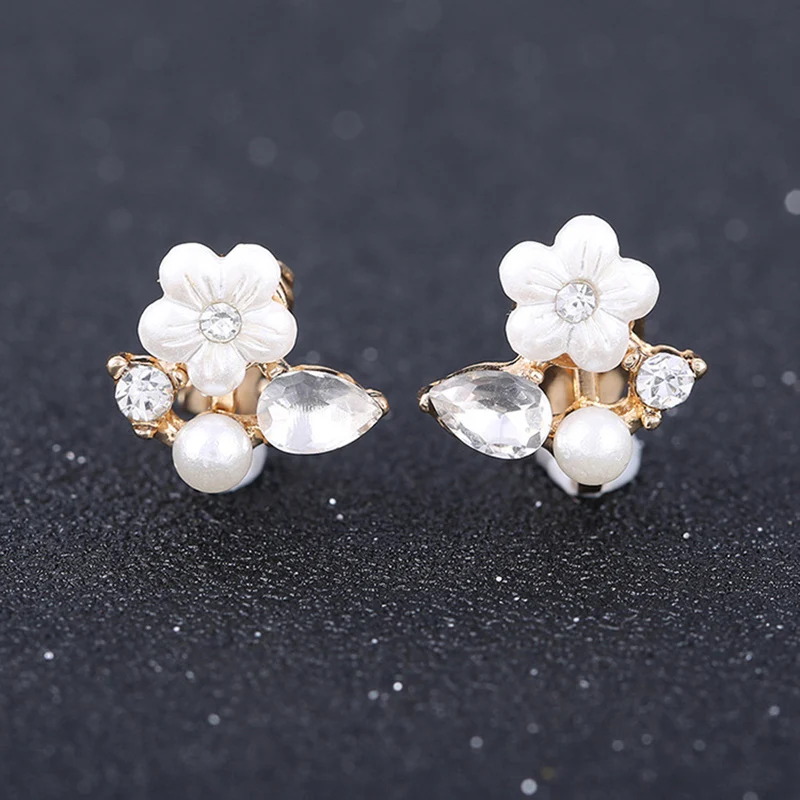 New Colorful Rhinestone Pearl Clip on Earrings Non Pierced for Women Charm Butterfly Flowers Shell Earring Jewelry Gift Brincos