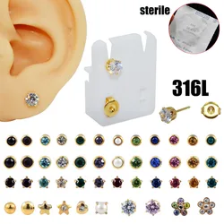 Pair 24K Plated Gold Birthstone CZ Gem 316L Surgical Steel Ear Helix Tragus Cartilage Stud Earring Ear Studs Piercing Jewelry