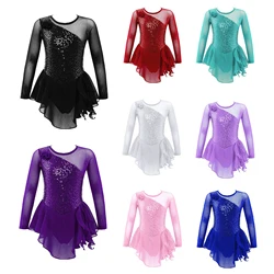 Kids Girl Figure Skating Ballet Lyrical Dance Leotards Dress Long Sleeve Round Neckline Sequins Hollow Back Ballroom Dance Dress