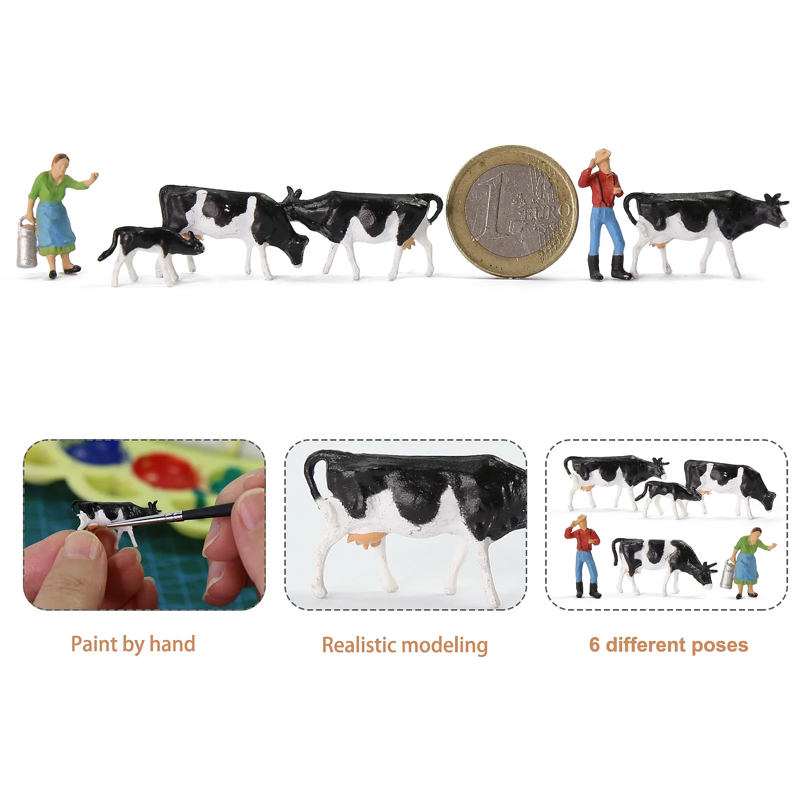 36pcs Model Railway Layout HO Scale 1:87 Well Painted Farm Cows Black and White with Shepherd AN8720