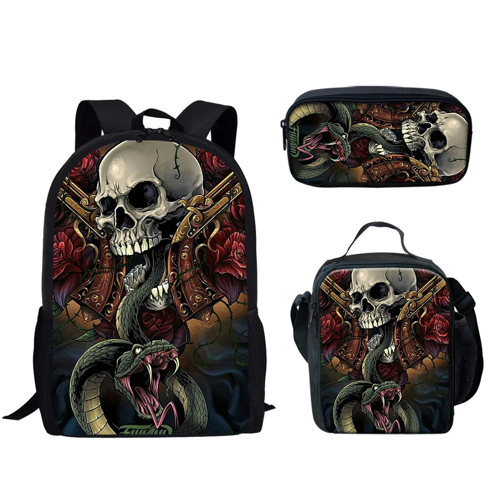 

3Pcs Cool Skull Pattern Print Schoolbags Set for Kids Children Large Capacity Student Book Bags and Lunch Bag Penbag