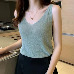 Bright Silk Ladies Tank Top Summer Clothing Vests For Women Shiny Elastics White Trend Korean Fashion Elegant Tanks And Camis