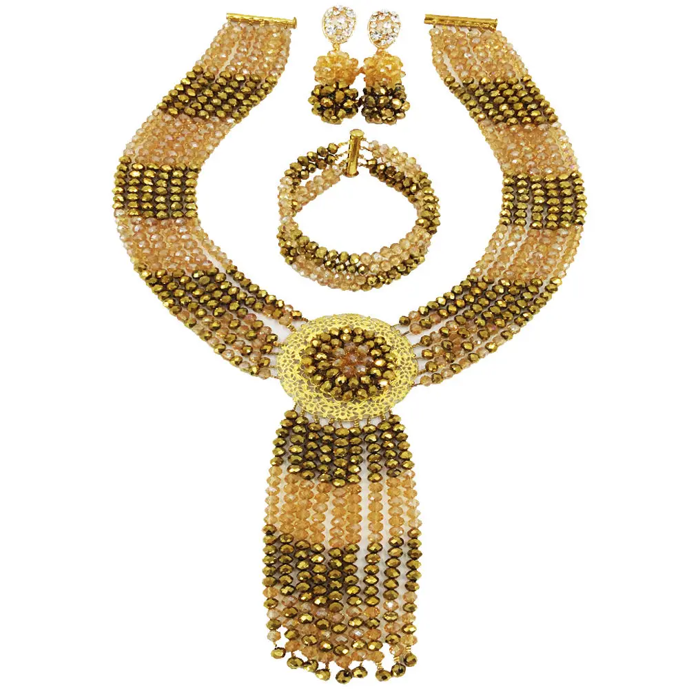 

graceful gold plated and champagne gold ab nigerian wedding african beads jewelry set crystal 6XLS-02