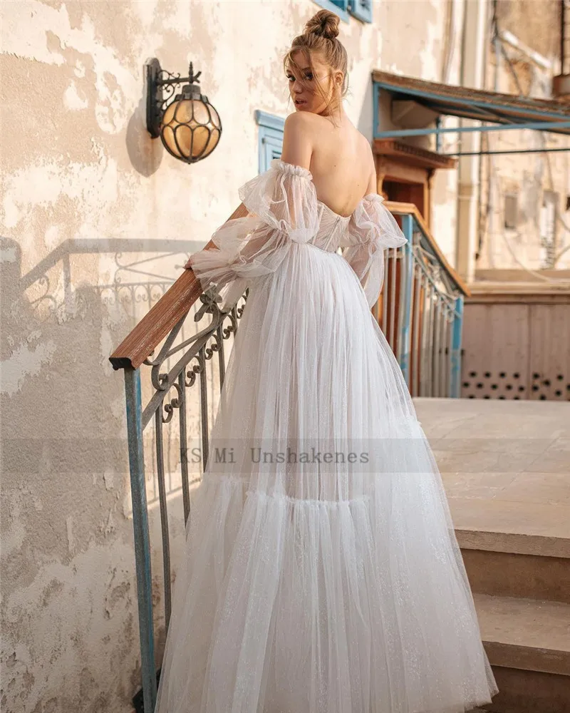 Robe de mariée longue Sexy et brillante à manches bouffantes détachables, style Boho, longueur au sol plissée, à paillettes, 2022