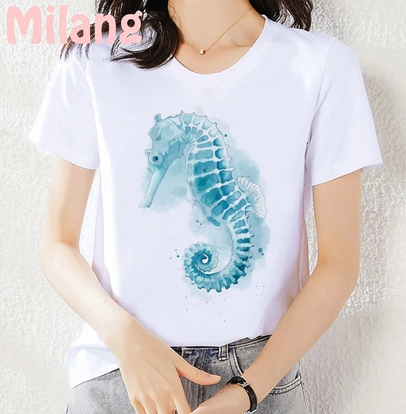 Watercolor Painting Sea Horse Jellyfish Mujer White Tops T Shirts Aesthetics Graphic Casual Short Sleeve Polyester Women T-Shirt