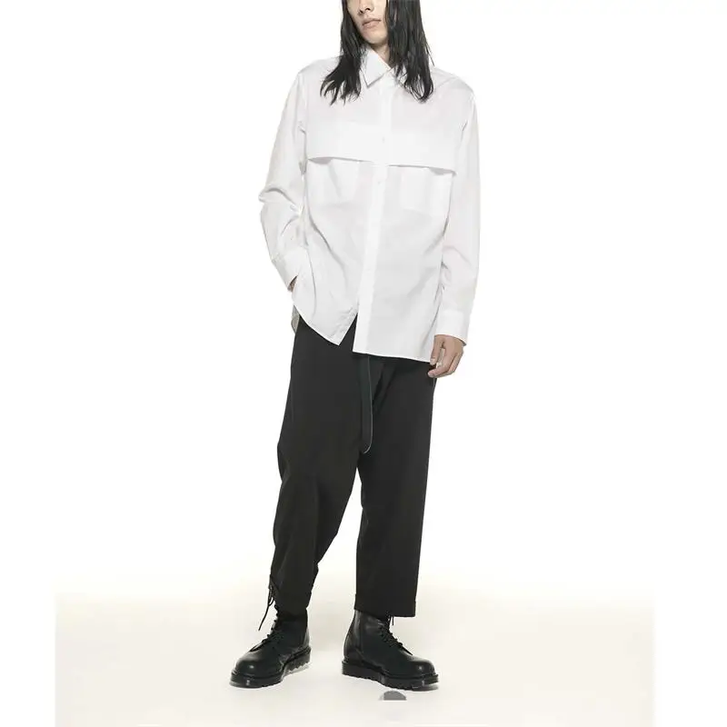 

Men's Long Sleeve Shirt Spring And Autumn New Solid Color Lapel Front False Two Layer Horizontal Design Pocket Casual Shirt