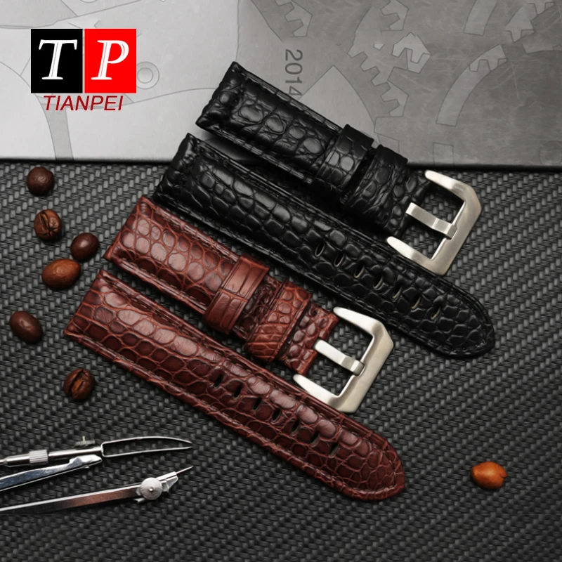 High Quality Crocodile skin 22mm watch band for Panerai 441 24mm 26mm watch strap black brown genuine leather bracelet men‘s’