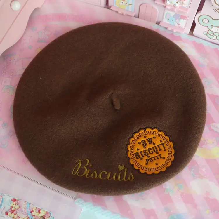 Cute Japanese soft sister lolita strawberry Korean Beret woolen hats beret painter cap female sweet biscuits