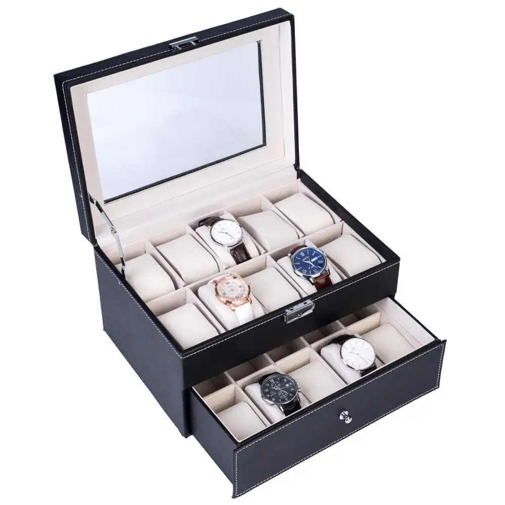 Elegant Wooden Watch Collection Storage Box Jewelry Display Case Organizer 2 Layers 20 Slots Portable and Practical Black[US-W]