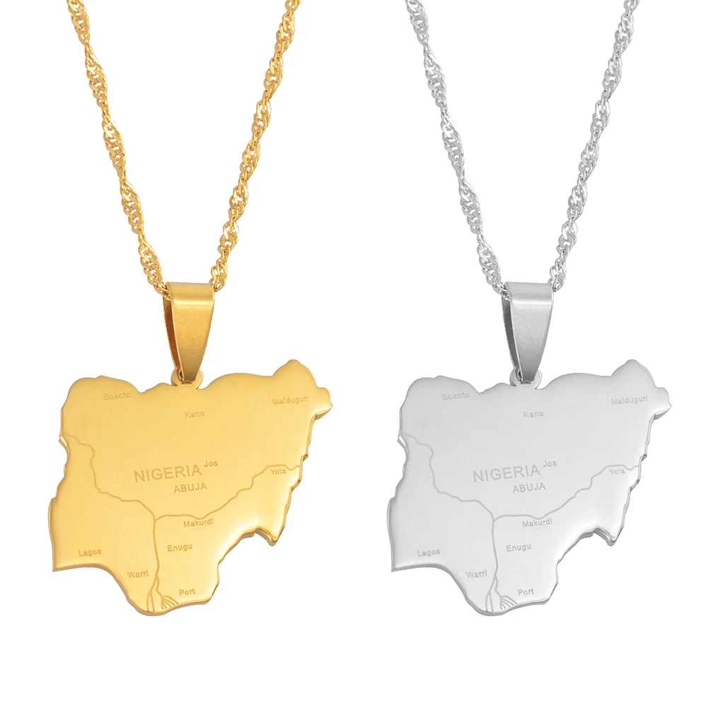 Anniyo Nigeria Map Pendant Necklaces,Country Maps Africa Nigerians Maps With City Name Jewelry @008421