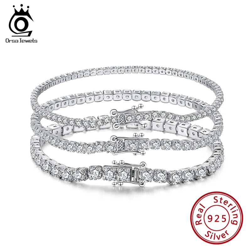 ORSA JEWELS Elegant Zircon Tennis Crystal Bracelet for Women Girl 925 Silver Rhodium Plated Korean Fine Jewelry Round Beads SB61