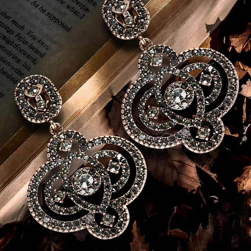 Kinel Fashion Boho Gray Crystal Flower Big Earrings For Women Antique Gold Vintage Wedding Earrings Turkish Jewelry