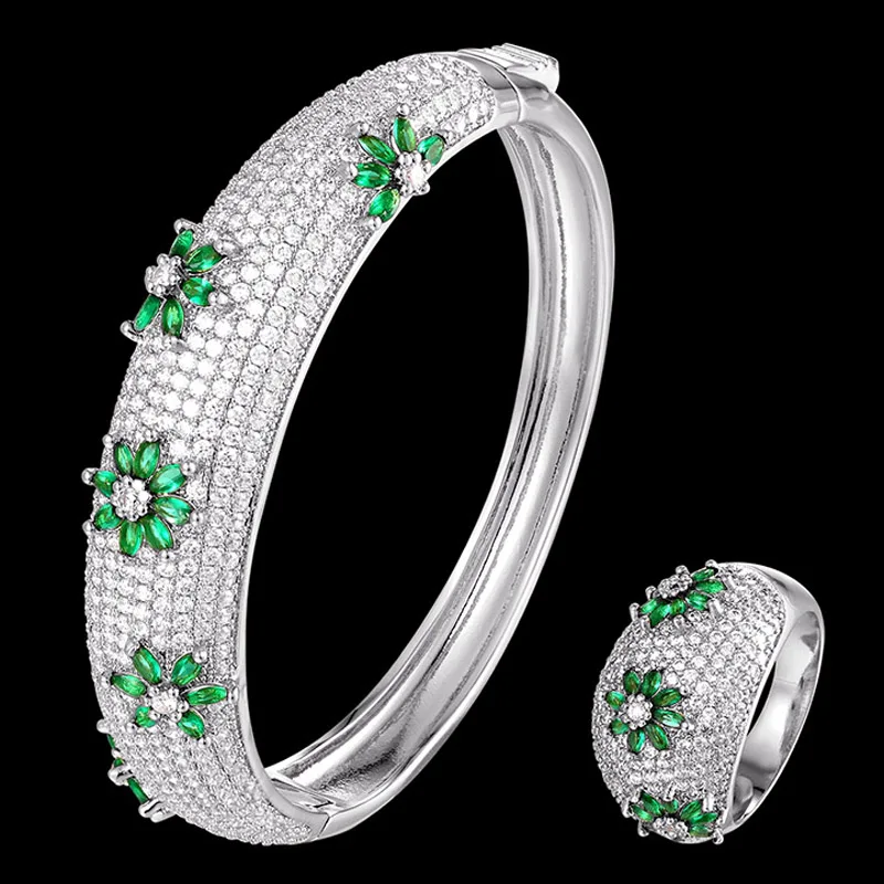 

zlxgirl Big Brand Green micro pave setting zircon love's bangle with ring set classic bracelet fashion jewelry for wedding