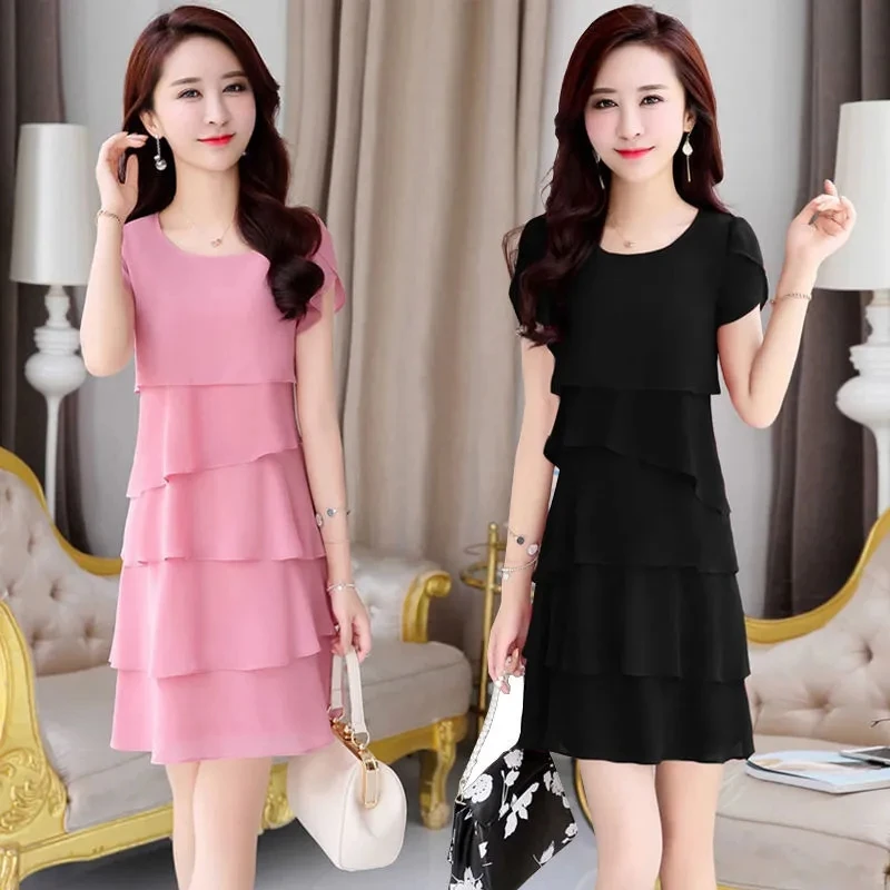 

Ladies Summer Dress New Women Chiffon Dresses Korean Loose 5XL Vestidos Layered Chiffon Dress Women Lady Mini Dress