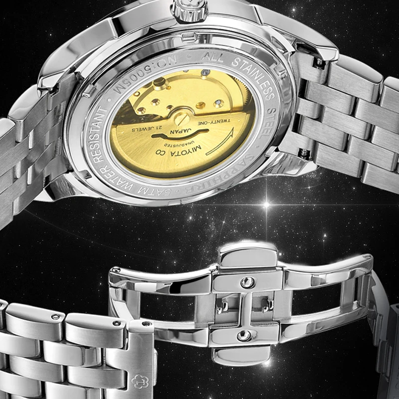 LOBINNI العلامة التجارية الفاخرة الرجال ساعة الرجال الياقوت الزجاج مقاوم للماء ساعة ميوتا التلقائية الميكانيكية ساعات المعصم ساعة التقويم