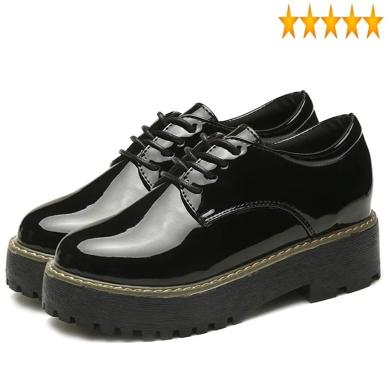 

Round British Style Fashion Womens Toe England Ladies Punk Shiny Patent Leather Platform Shoes Lace Up Footwear