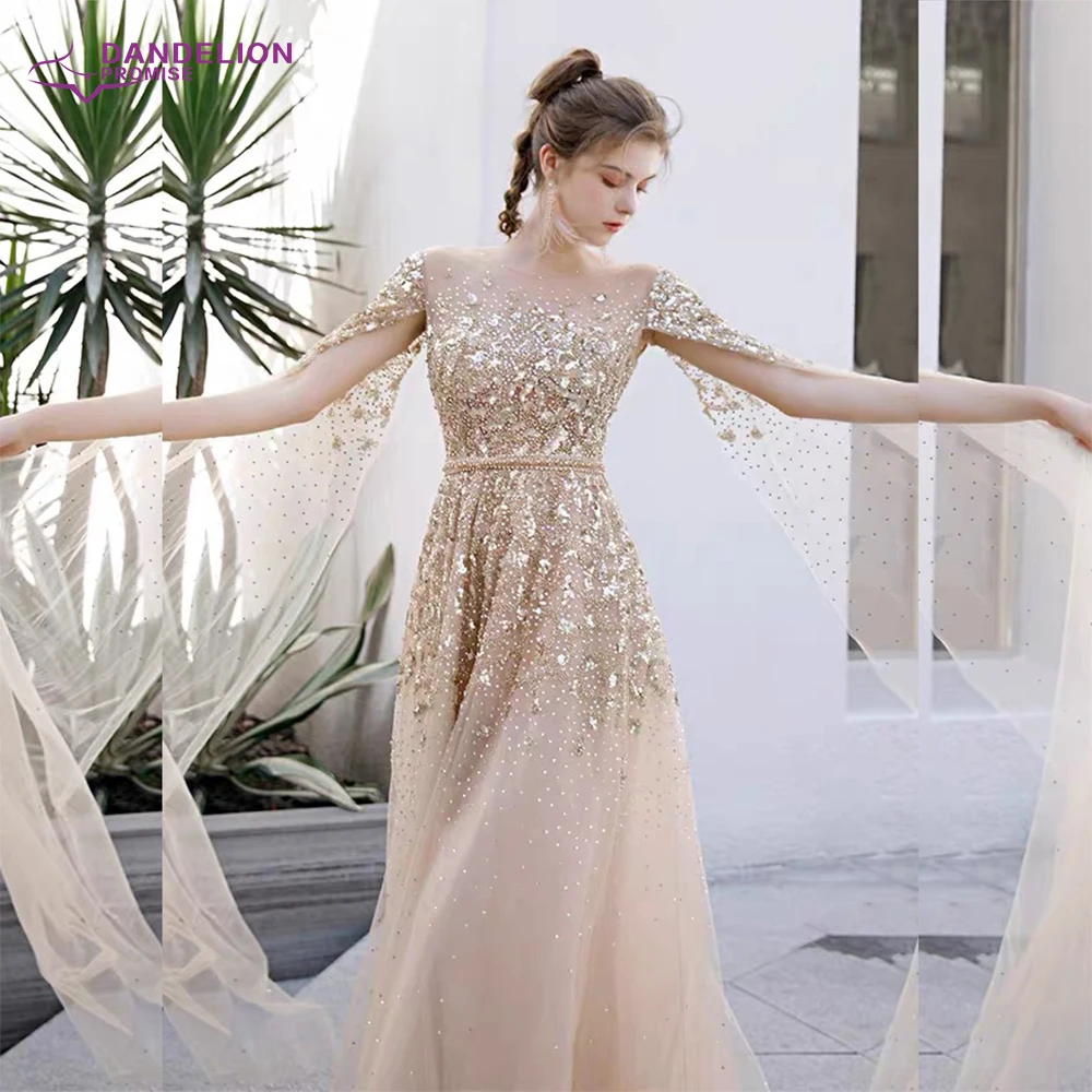 Luxe O-hals Avondjurk 2021 A-lijn Pailletten Crystal Tulle Kralen Met Cap Lange Mouwen Prom Formele Gowns