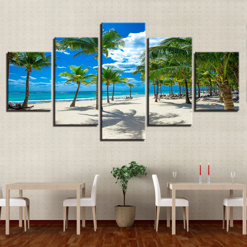 

HD Printed Palm Tree and Beach Canvas Painting Seascape Picture Home Wall Art, Modular Decor, Summer Vacation and Tourism, 5 PCs