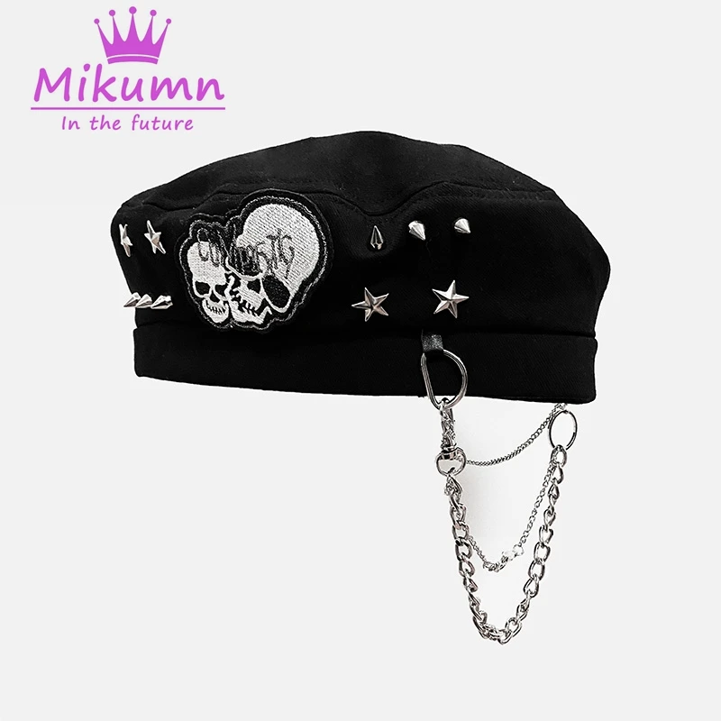 Harajuku Gothic Skull Rivets Chain Black Beret Hats Women Casual Grunge Punk Hip Hop Streetwear