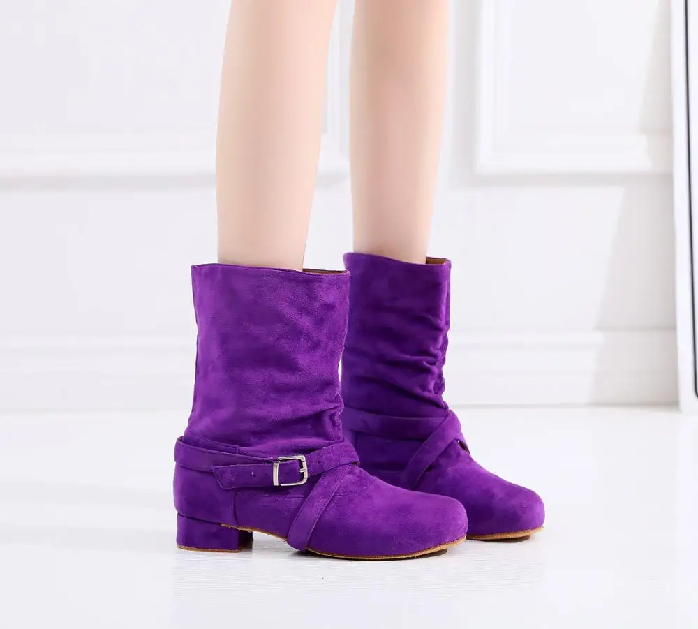 Women purple Flannel High Top Latin Dance boots Girls Soft sole Ballroom Salsa Dance shoes Ladies flat heel dancing shoe