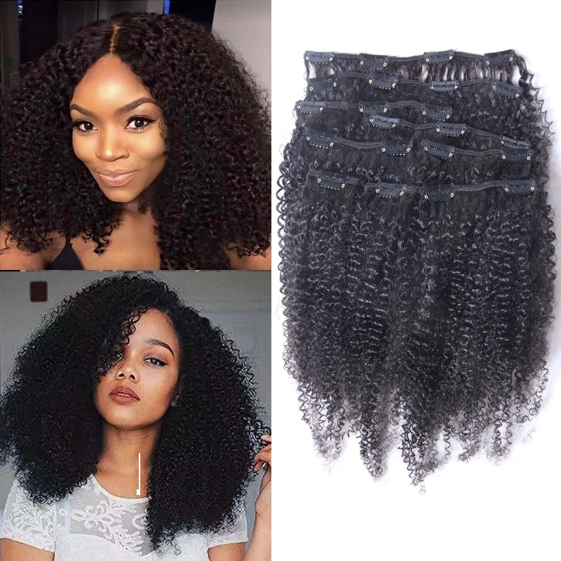 

Афро-кудрявые вьющиеся заколки для наращивания человеческих волос, монгольские волосы Remy для чернокожих женщин, натуральный черный цвет, 8 шт., 200 г/компл.