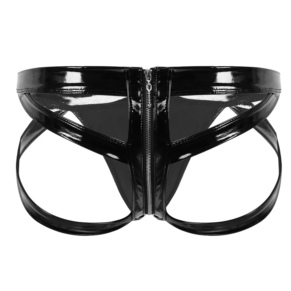 Sexy Mens Wet Look Patent Leather Lingerie  Briefs Jockstrap Low Rise Bulge Pouch Back Cut Out Double-ended Zipper Underwear