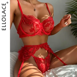 Ellolace Sensual Lingerie Red Lace Transparent Bra Garters Thongs Embroidery Fancy Bilizna Set Sexy Costume 3-Pieces Intimate