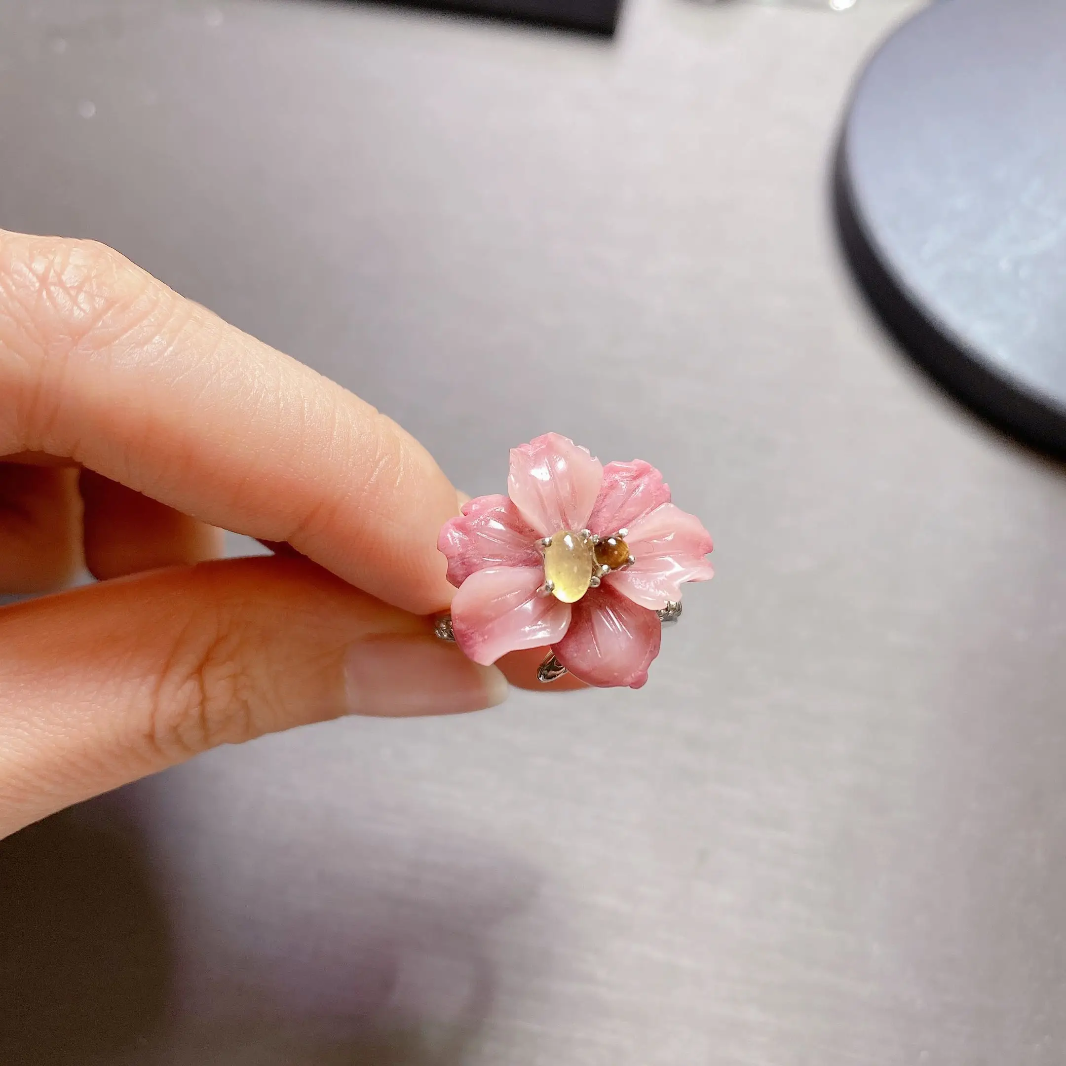 MIQIAO Natural Stone Ring Tigereye Fluorite Adjustable Big Flower 925 Sterling Silver Jewellery For Women Accessories Female